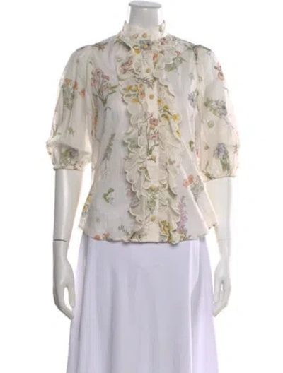 Pre-owned Zimmermann Floral Print Short Sleeve Blouse In Neutral