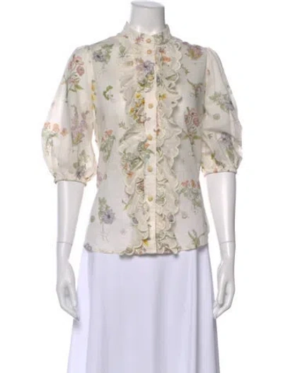 Pre-owned Zimmermann Floral Print Short Sleeve Blouse In Neutral