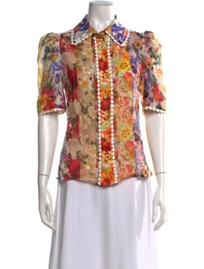 Pre-owned Zimmermann Floral Print Short Sleeve Blouse In Neutral