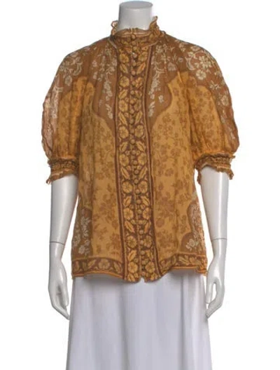 Pre-owned Zimmermann Floral Print Short Sleeve Blouse In Orange