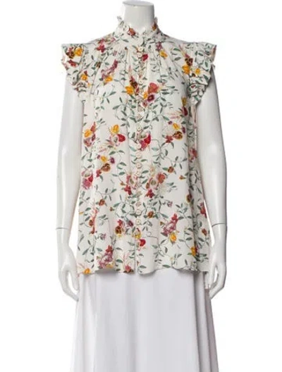 Pre-owned Zimmermann Floral Print Short Sleeve Blouse In White