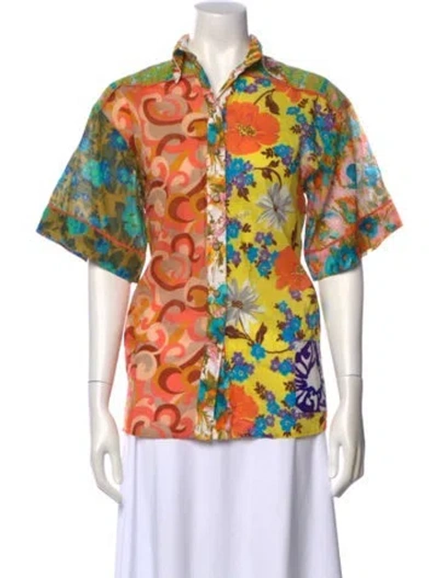 Pre-owned Zimmermann Floral Print Short Sleeve Button-up Top In Orange