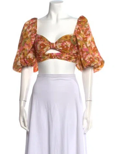 Pre-owned Zimmermann Floral Print Square Neckline Crop Top In Orange