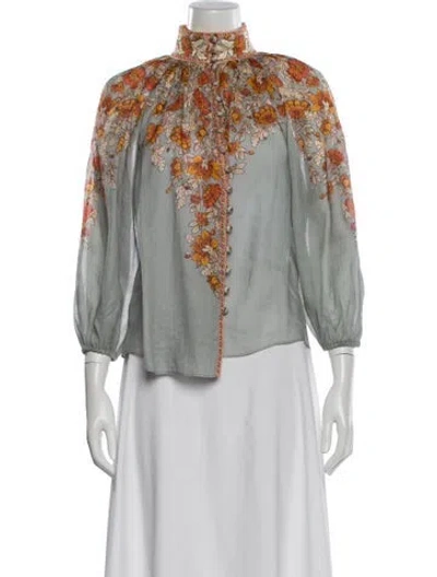 Pre-owned Zimmermann Floral Print Three-quarter Sleeve Blouse In Blue
