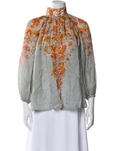 Pre-owned Zimmermann Floral Print Three-quarter Sleeve Blouse In Blue