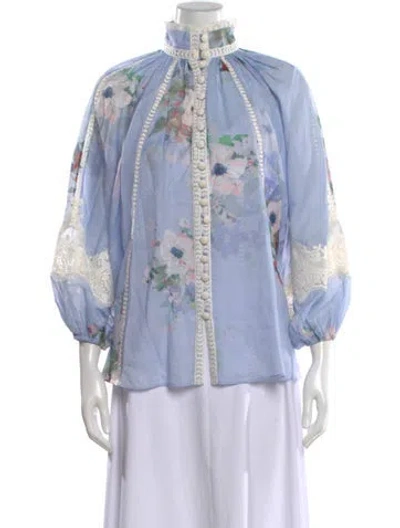 Pre-owned Zimmermann Floral Print Three-quarter Sleeve Blouse In Blue