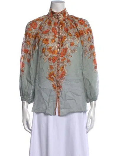 Pre-owned Zimmermann Floral Print Three-quarter Sleeve Blouse In Blue