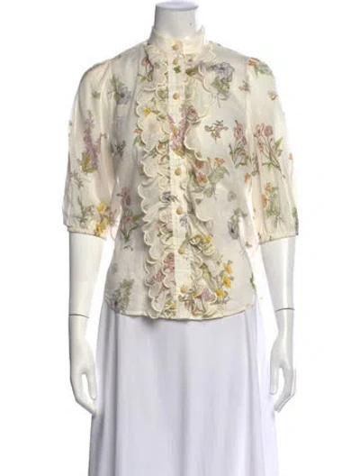 Pre-owned Zimmermann Floral Print Three-quarter Sleeve Blouse In Green/neutrals