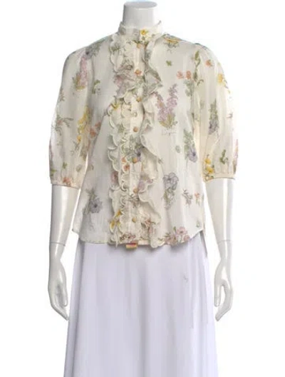 Pre-owned Zimmermann Floral Print Three-quarter Sleeve Blouse In Neutral