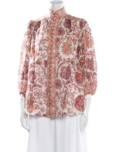 Pre-owned Zimmermann Floral Print Three-quarter Sleeve Blouse In Neutrals