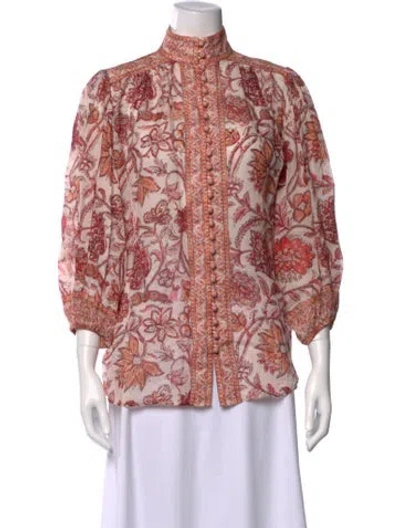 Pre-owned Zimmermann Floral Print Three-quarter Sleeve Blouse In Pink