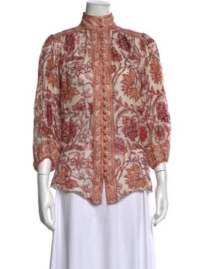 Pre-owned Zimmermann Floral Print Three-quarter Sleeve Blouse In Pink