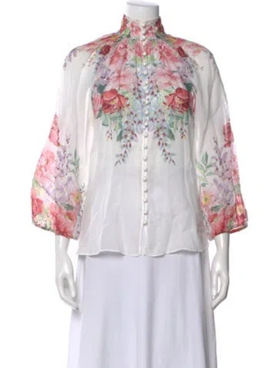 Pre-owned Zimmermann Floral Print Three-quarter Sleeve Blouse In White