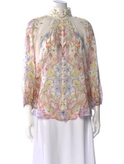 Pre-owned Zimmermann Floral Print Three-quarter Sleeve Blouse In White