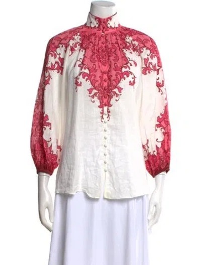 Pre-owned Zimmermann Floral Print Three-quarter Sleeve Blouse In White