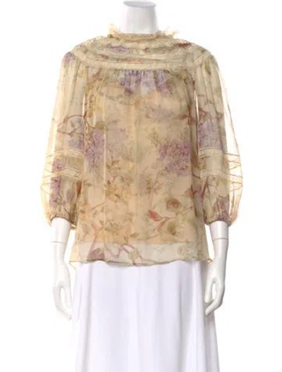 Pre-owned Zimmermann Floral Print Three-quarter Sleeve Blouse In Yellow