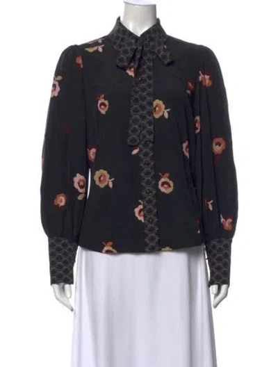 Pre-owned Zimmermann Floral Print Tie Neck Blouse In Black