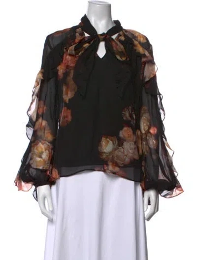 Pre-owned Zimmermann Floral Print Tie Neck Blouse In Black