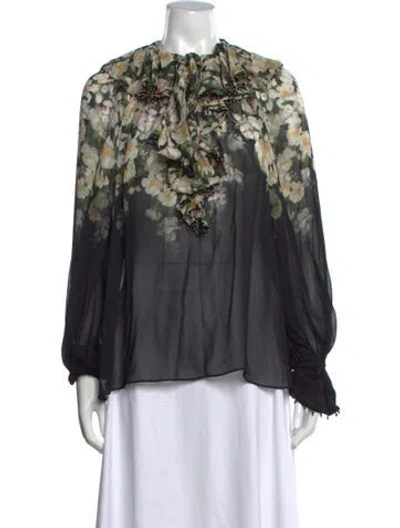 Pre-owned Zimmermann Floral Print Tie Neck Blouse In Black