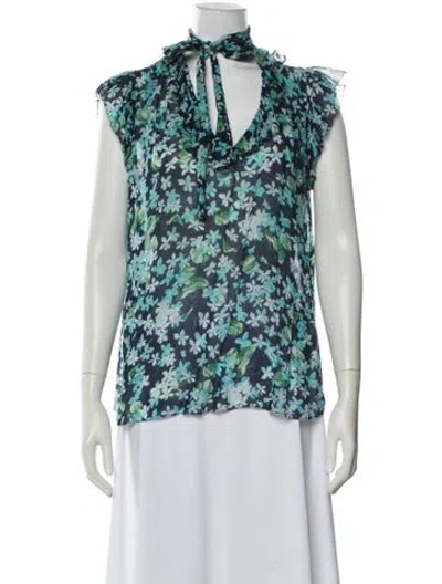 Pre-owned Zimmermann Floral Print Tie Neck Blouse In Blue
