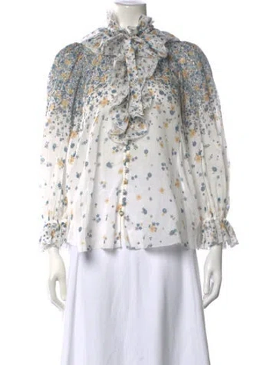 Pre-owned Zimmermann Floral Print Tie Neck Blouse In Blue/white/yellow