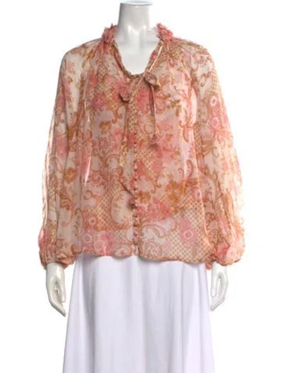 Pre-owned Zimmermann Floral Print Tie Neck Blouse In Brown/pink/white