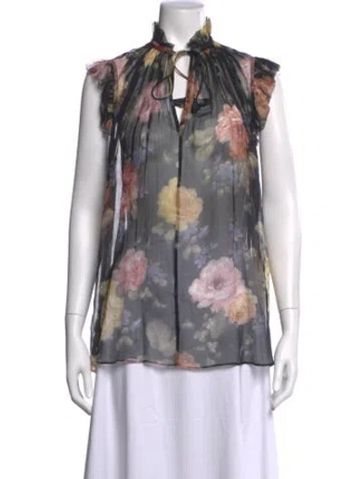 Pre-owned Zimmermann Floral Print Tie Neck Blouse In Gray