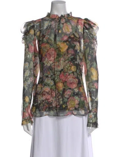 Pre-owned Zimmermann Floral Print Tie Neck Blouse In Green