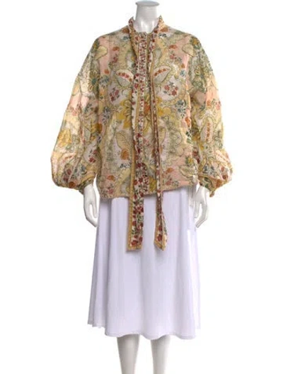 Pre-owned Zimmermann Floral Print Tie Neck Blouse In Green