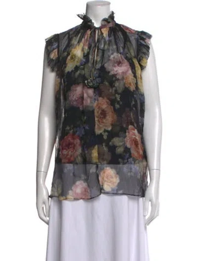 Pre-owned Zimmermann Floral Print Tie Neck Blouse In Grey