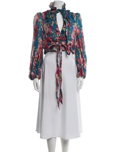 Pre-owned Zimmermann Floral Print Tie Neck Blouse In Multi