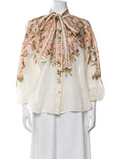 Pre-owned Zimmermann Floral Print Tie Neck Blouse In Neutral