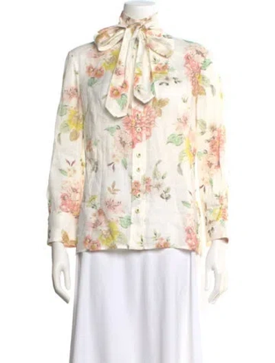 Pre-owned Zimmermann Floral Print Tie Neck Blouse In Neutral