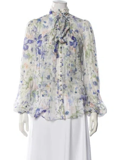 Pre-owned Zimmermann Floral Print Tie Neck Blouse In Neutral