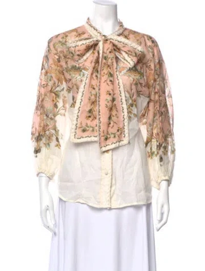 Pre-owned Zimmermann Floral Print Tie Neck Blouse In Neutral
