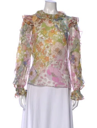 Pre-owned Zimmermann Floral Print Tie Neck Blouse In Neutral