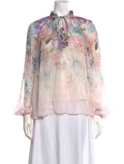 Pre-owned Zimmermann Floral Print Tie Neck Blouse In Neutral