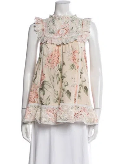 Pre-owned Zimmermann Floral Print Tie Neck Blouse In Neutral