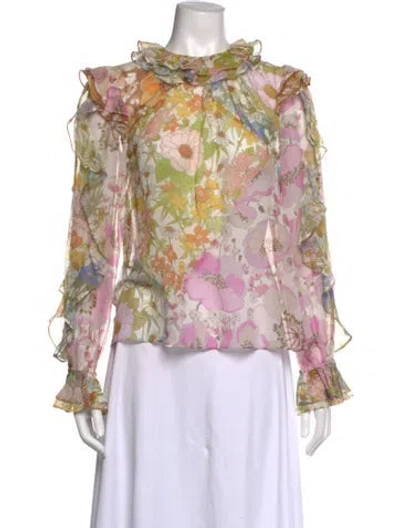 Pre-owned Zimmermann Floral Print Tie Neck Blouse In Neutral
