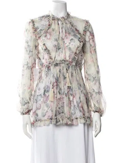 Pre-owned Zimmermann Floral Print Tie Neck Blouse In Neutrals