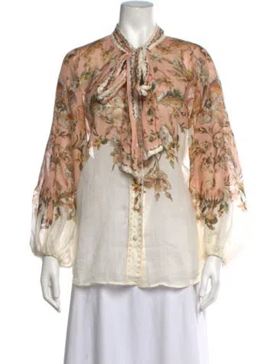 Pre-owned Zimmermann Floral Print Tie Neck Blouse In Neutrals