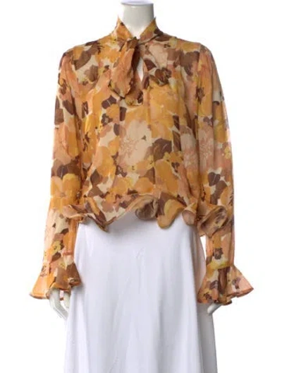 Pre-owned Zimmermann Floral Print Tie Neck Blouse In Orange