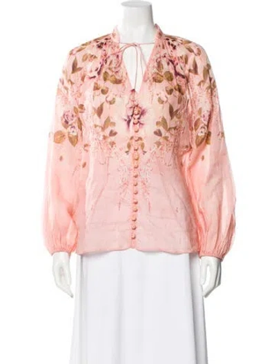 Pre-owned Zimmermann Floral Print Tie Neck Blouse In Pink