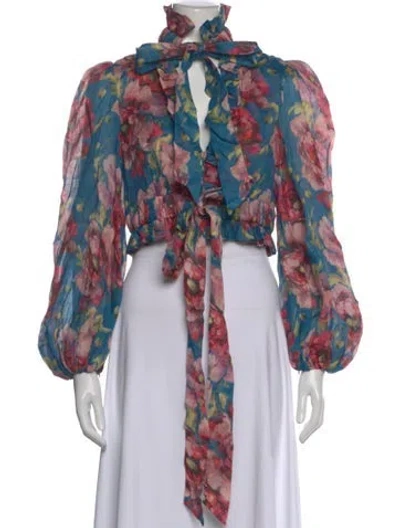 Pre-owned Zimmermann Floral Print Tie Neck Blouse In Pink