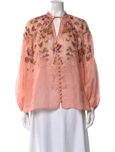 Pre-owned Zimmermann Floral Print Tie Neck Blouse In Pink