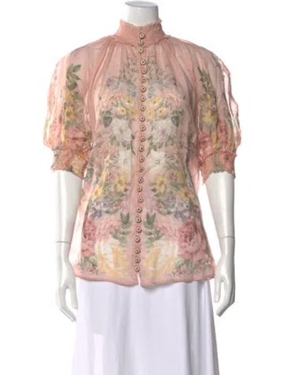 Pre-owned Zimmermann Floral Print Tie Neck Blouse In Pink