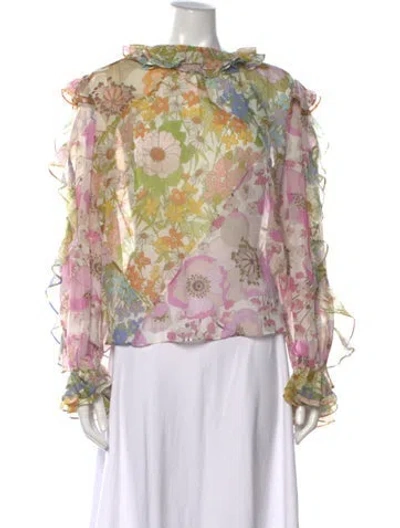 Pre-owned Zimmermann Floral Print Tie Neck Blouse In Pink