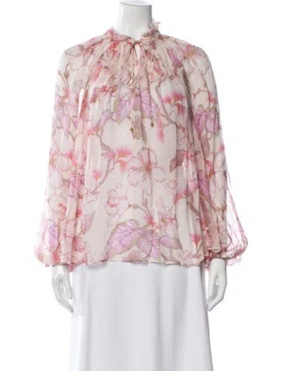 Pre-owned Zimmermann Floral Print Tie Neck Blouse In Purple