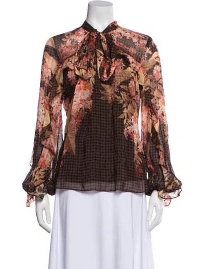 Pre-owned Zimmermann Floral Print Tie Neck Blouse W/ Tags In Brown