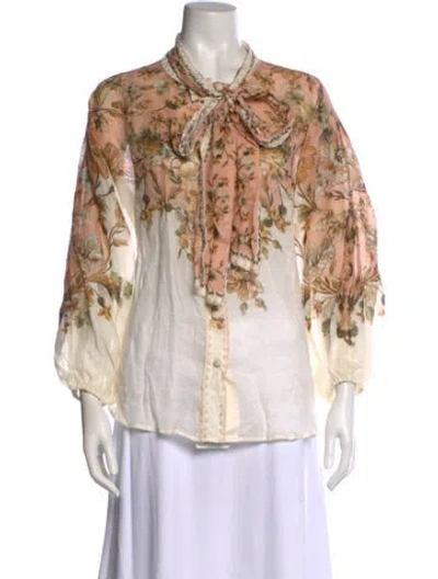 Pre-owned Zimmermann Floral Print Tie Neck Blouse W/ Tags In Neutral